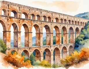 Fototapeta premium Majestic Roman Aqueduct Watercolor Painting Ancient Architecture and Landscape