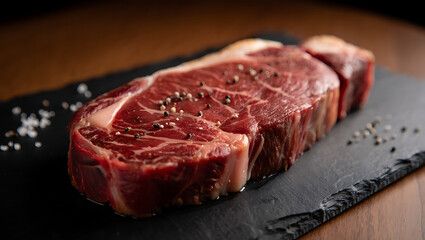 Raw Ribeye Beef Steak Seasoned with Salt and Pepper on a Slate Platter
