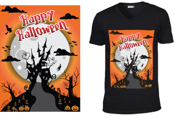 Spooky Halloween T-Shirt Design with a Haunted Castle and Full Moon
