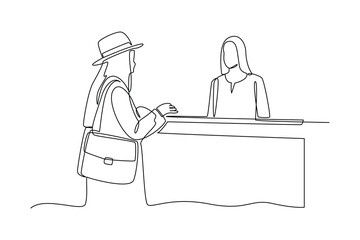 Simple continuous line draw of guest come to receptionist table. Hand drawn style vector design illustrations. Call center minimalist concept.