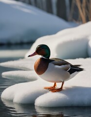 Colorful male duck standing on a snow-covered ice floe in a serene winter landscape, reflecting nature's beauty and tranquility in a peaceful environment