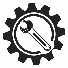 Gear and wrench vector illustration with a magnifying glass search icon