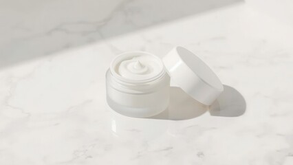 
Luxury skincare cream jar with white moisturizer, open lid showing smooth texture against minimalist white background with soft natural lighting
