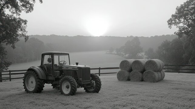 Black and white farm scene with tractor and hay bales at sunrise