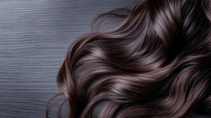 Fototapeta premium A close-up view of luxurious, flowing dark hair cascading elegantly over a polished surface, illuminating the softness and sheen that hair can possess.