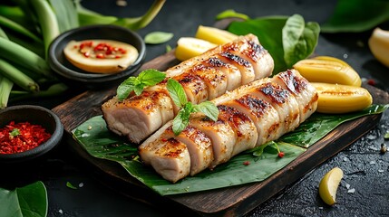 Fresh prepared pork banana barbecue with lemongrass for barbecue grill