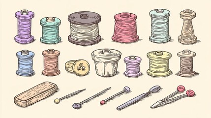 sewing supplies, including spools of thread and pins with red buttons