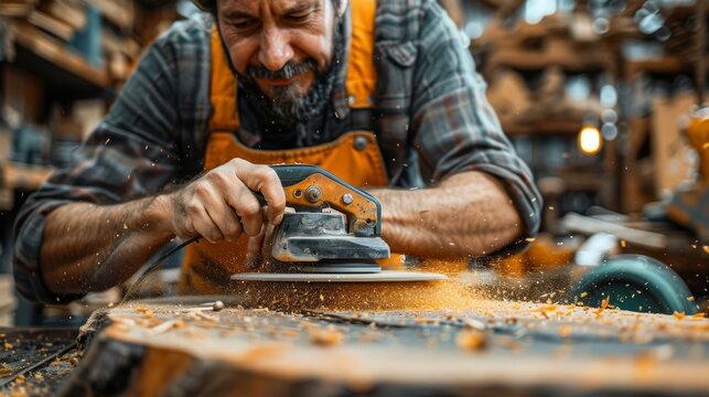 A concentrated craftsman uses a power sander on a wooden piece in his workshop, highlighting the dedication and skill involved in woodcraft and artisanal craftsmanship.