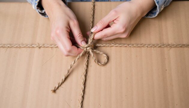 Hands Tying a Bow Knot on a Brown Cardboard Box with Natural Twine String