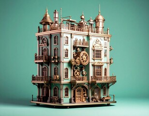 Obraz premium Intricate Steampunk Clockwork Building Model Architectural Miniature Detailed Craftsmanship