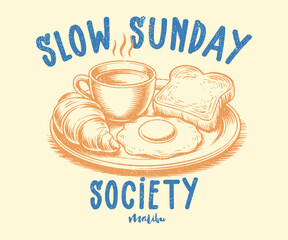 Breakfast time vector design. Slow Sunday artwork for apparel, Vintage Illustration Of Breakfast Plate With Toast And Eggs. Fresh start your day. Breakfast time vector design. Morning eating artwork 