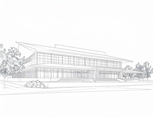 Fototapeta premium Architectural Design Sketch Modern Building Exterior with Landscaping