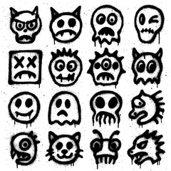 Spray Paint Monster Icons – Creepy Graffiti Characters with Blood Splatter Effect (Transparent PNG)