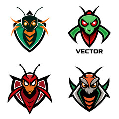 Obraz premium Illustration of four insect logos with different colors and shield backgrounds in vector format art