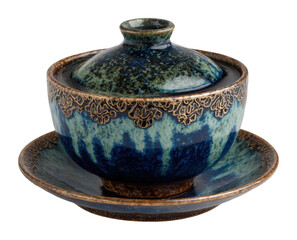 Elegant porcelain teapot and saucer display in a artistic ceramic design