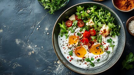 fresh yoghurt salad in a bowl with other spices and condiments dinner recipe background fine dine restaurant