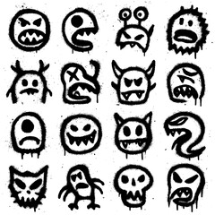 Spray Paint Monster Icons – Creepy Graffiti Characters with Blood Splatter Effect (Transparent PNG)