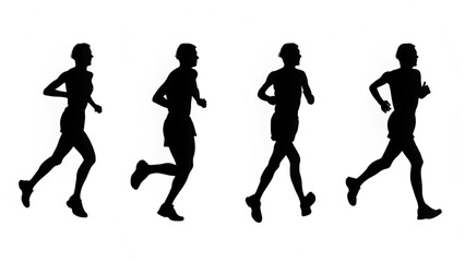 Four silhouettes of runners in motion against a white background showing athletic activity and fitness created with generated ai