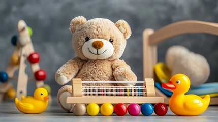 front view of some baby toys on table with gray background there is a teddy bear musical instrument and a wooden duck with wheels