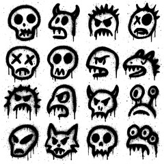 Spray Paint Monster Icons – Creepy Graffiti Characters with Blood Splatter Effect (Transparent PNG)