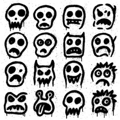 Spray Paint Monster Icons – Creepy Graffiti Characters with Blood Splatter Effect (Transparent PNG)
