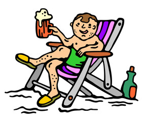 Vector color illustration of a guy resting on a deck chair with beer on the beach on a white isolated background
