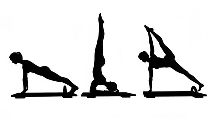Silhouette showing woman performing pilates exercises on a reformer machine in various poses and positions created with generated ai