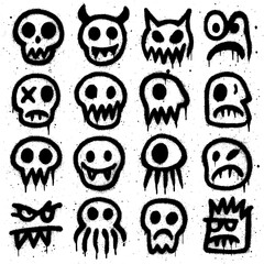 Spray Paint Monster Icons – Creepy Graffiti Characters with Blood Splatter Effect (Transparent PNG)