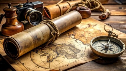 Vintage exploration concept featuring a rolled map, compass, and camera on wooden table, creating a travel theme