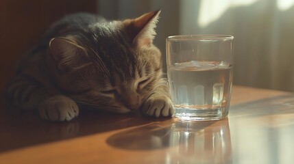Funny candid of a cat drinking water from a glass on a table with its head into the glass