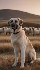Large, fluffy dog sitting proudly in a golden field, surrounded by a flock of sheep, showcasing the bond between livestock guardian and animals in a serene landscape