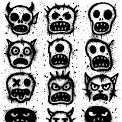 Spray Paint Monster Icons – Creepy Graffiti Characters with Blood Splatter Effect (Transparent PNG)