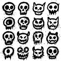 Spray Paint Monster Icons – Creepy Graffiti Characters with Blood Splatter Effect (Transparent PNG)