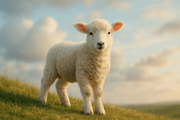 Obraz premium A cute young lamb with soft white wool stands on a grassy hill under a golden sky. Warm natural light and peaceful rural atmosphere evoke spring and innocence.