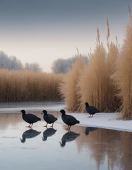 Four black birds standing on frozen water, surrounded by tall golden grasses, reflecting in the icy surface, creating a serene winter landscape with natural beauty