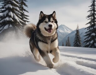 Happy dog running through fresh snow in a winter landscape, surrounded by tall evergreen trees and majestic mountains, showcasing playful energy and natural beauty