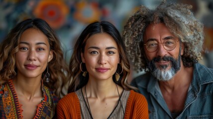 Fototapeta premium A group of diverse friends smiling and enjoying each other's company in an artistic environment, showcasing joy, unity, and the beauty of friendship and connection.
