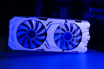 Side view of the graphics card under blue light.