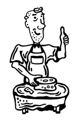 Vector illustration black and white cheesemaker positively evaluating his own products on a white isolated background