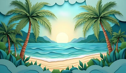 Obraz premium Tropical Beach with Sunset Paper Cut Style