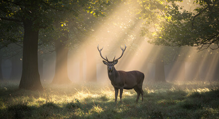 Majestic Red Deer in Golden Sunrise Forest