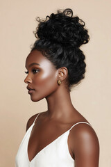 side profile portrait of brown skin woman with hair in a bun