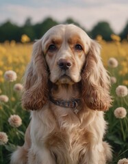 Golden cocker spaniel dog sitting in a vibrant yellow flower field, showcasing its expressive eyes and fluffy fur, embodying a serene and joyful atmosphere of nature
