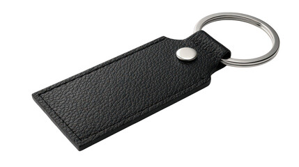 Black leather keyring with metal ring isolated on transparent background