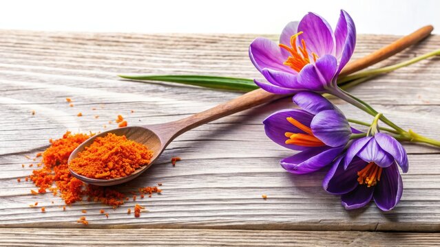 Saffron Crocus Flowers & Spoon on Wooden Table - Autumn Harvest Still Life Photography