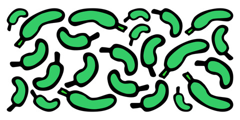 Vector horizontal banner with many fresh green cucumbers, next to each other, on a white isolated background