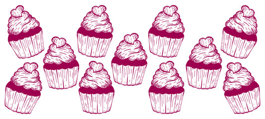 Vector horizontal pink banner of cream cakes on a white isolated background