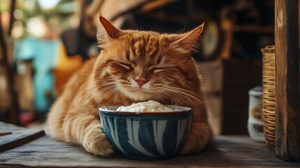 ginger cat is eating yogurt from his bowl natural cat food concept