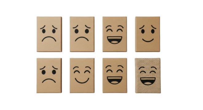 Cardboard box faces show emotions
