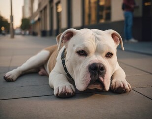 Relaxed dog lying on sidewalk during sunset, showcasing its calm demeanor and unique coat patterns, surrounded by urban environment and soft evening light